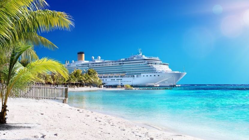 Cruise ship docked at tropical beach